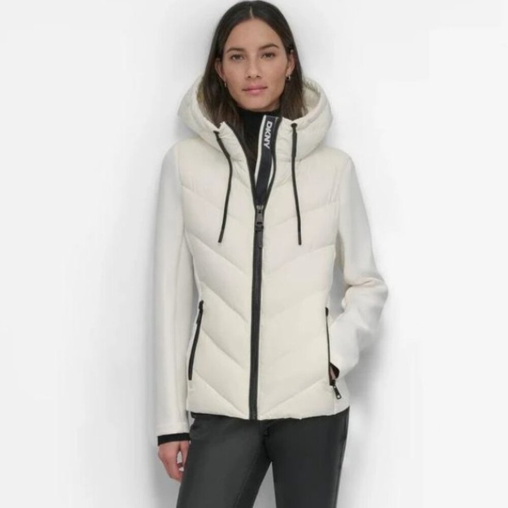 DKNY Sport White Quilted Mixed Media Puffer Hooded Jacket Small